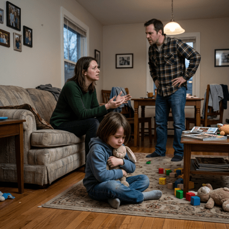 Child sitting on floor hugging stuffed bunny while parents argue behind