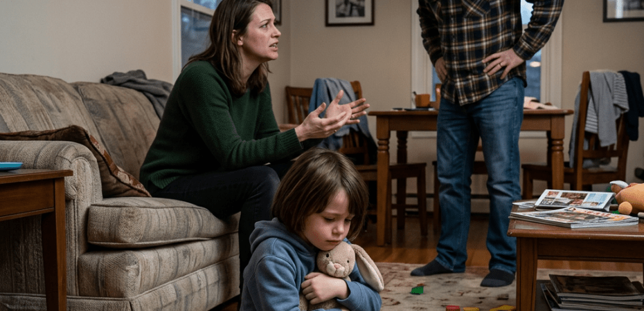 Child sitting on floor hugging stuffed bunny while parents argue behind
