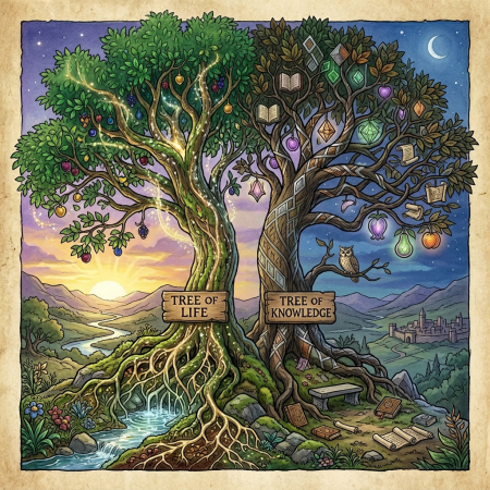 Two intertwined trees labeled Tree of Life and Tree of Knowledge surrounded by symbolic fruits, books, and an owl under a twilight sky.