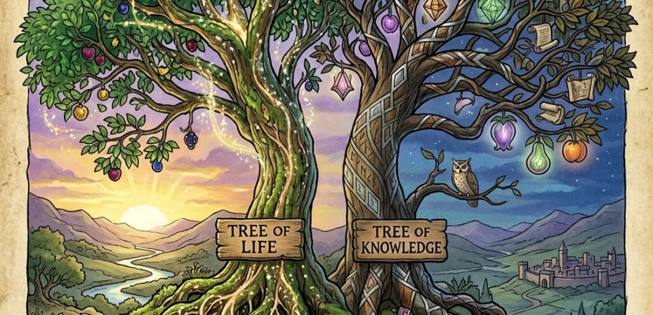 Two intertwined trees labeled Tree of Life and Tree of Knowledge surrounded by symbolic fruits, books, and an owl under a twilight sky.