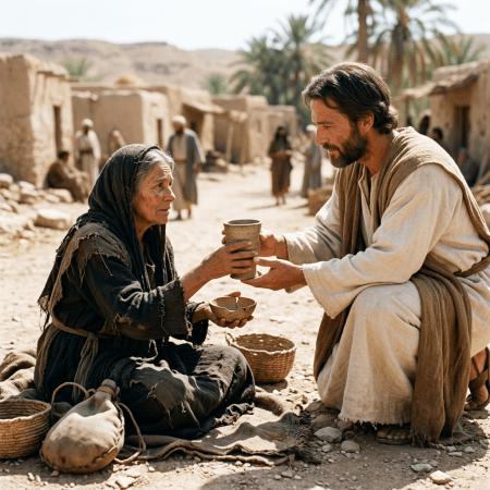 Man handing a cup to an elderly woman seated on the ground in a desert village