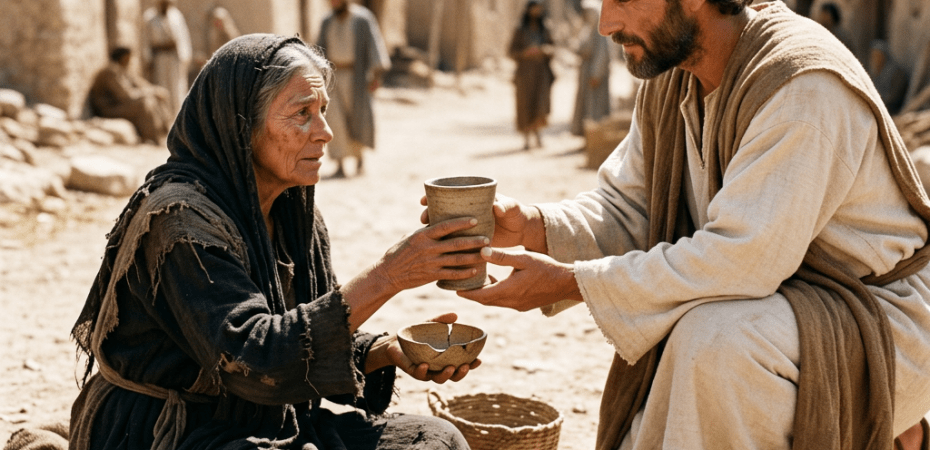 Man handing a cup to an elderly woman seated on the ground in a desert village